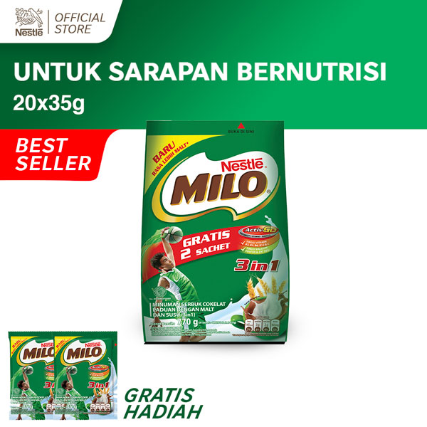 

NESTLE MILO 3in1 ACTIV-GO Minuman Serbuk Cokelat Paduan dengan Malt Pouch 20x35g