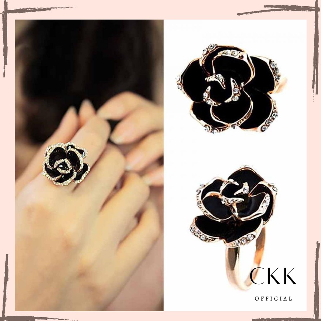 ➰CKK➰ cincin bunga hitam FA66 Wanita simple elegant