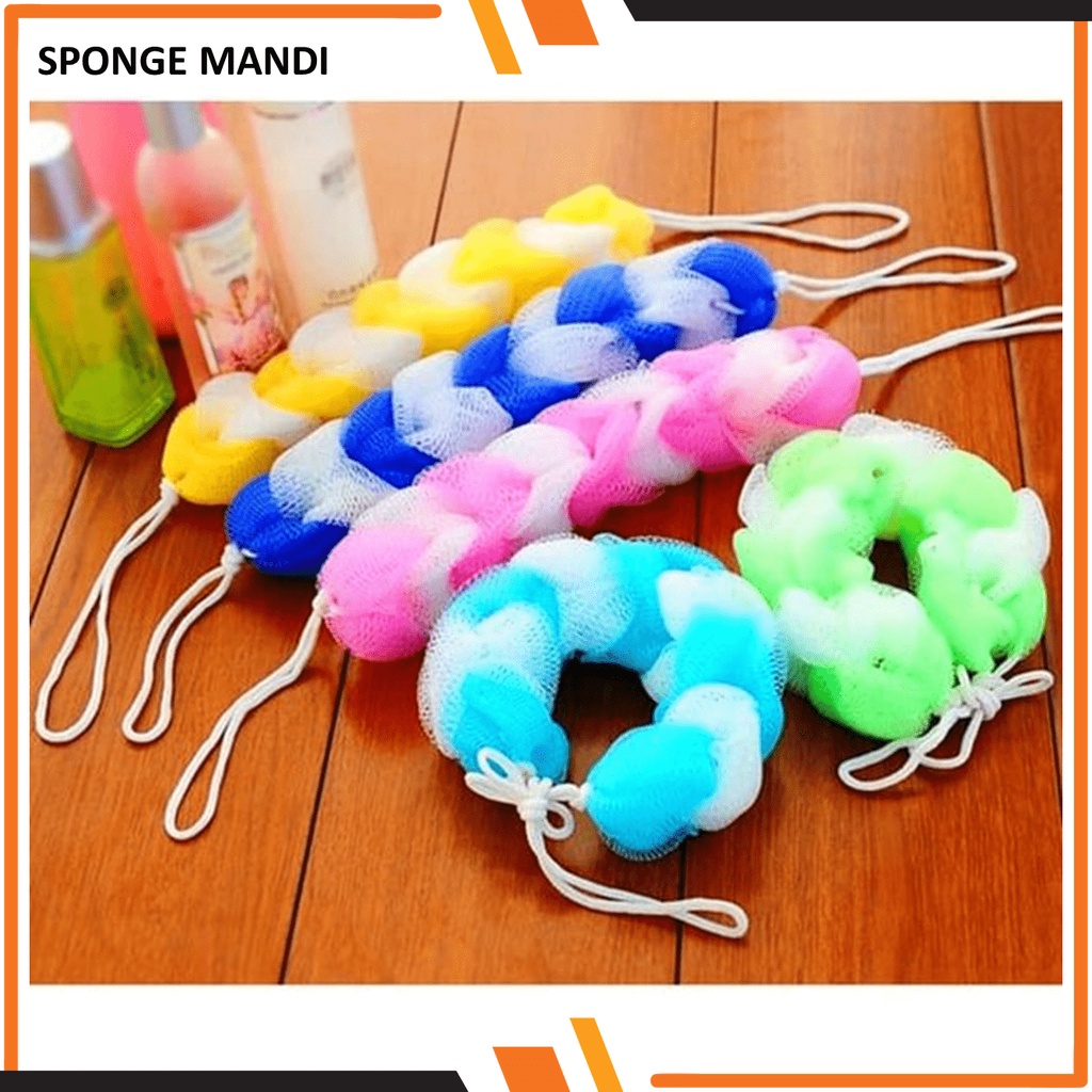 Sponge  Mandi Panjang Warna Warni / Spon Gosok Badan Kepang / Shower Puff Busa Bath Sponge