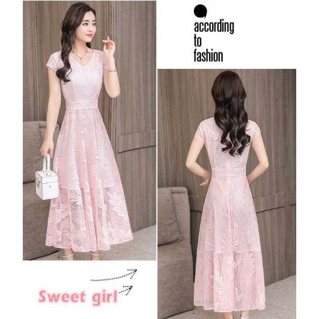 Sale Longdress Wanita Brukat Import Pink / Gaun Panjang Cewek Merah Muda Murah