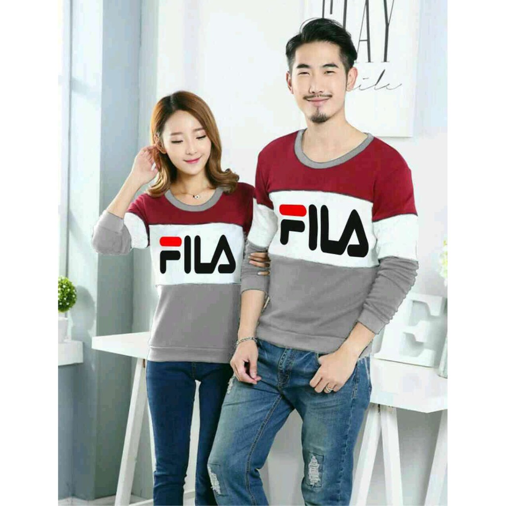 Paling Murah Kaos Couple Baju Couple Lengan Panjang Murah Fila Maroon Putih Abu Shopee Indonesia