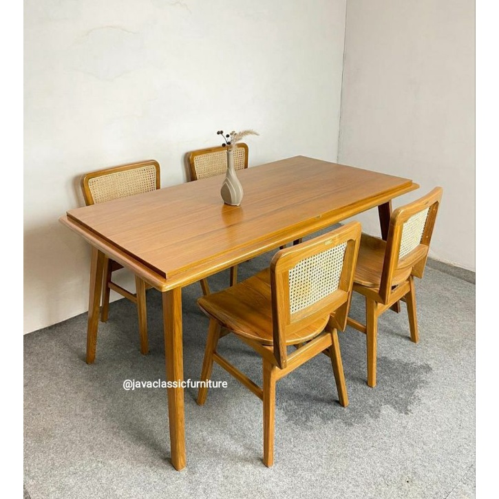 1 SET KURSI MAKAN CAFE ROTAN RETRO MINIMALIS MEJA KOTAK RESTO BAR DINNING CHAIR COFFE TABLE BAHAN KAYU JATI FINISHING NATURAL VINTAGE MEBEL FURNITURE JEPARA-5