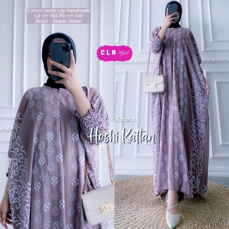 Gamis Rayon Kaftan Wanita Jumbo Cap Encim Motif Hoshi Kaftan Warna Soft Busui Resleting Rayon Tebal / Gamis Arab Kaftan