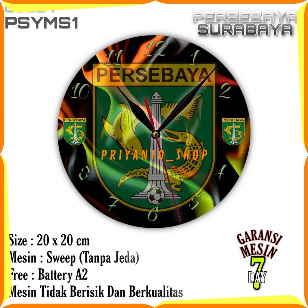 Jam Dinding Team Club Klub Sepakbola PERSEBAYA SURABAYA Mesin Halus