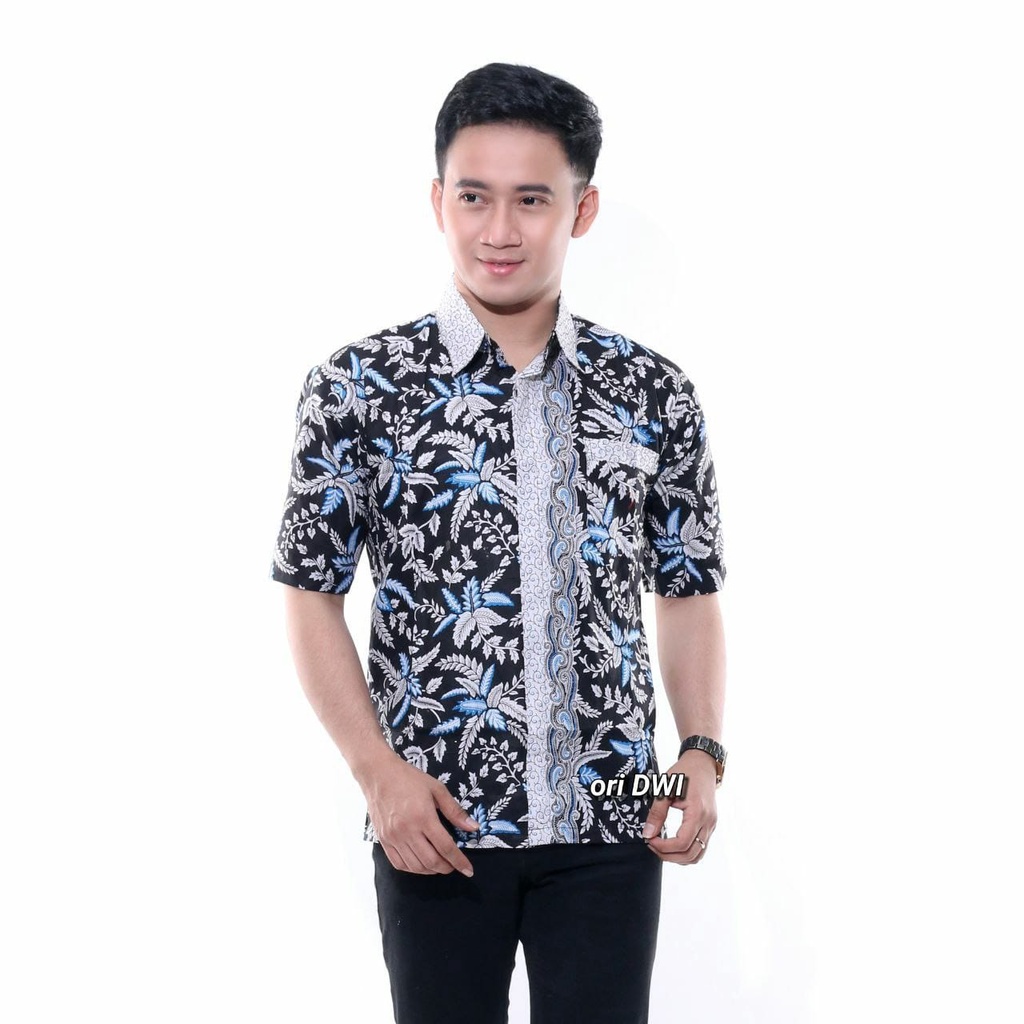 Kemeja Batik Pria Lengan Pendek Bahan Katun Motif Blarak Biru