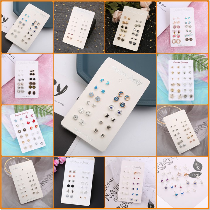 12 Pasang Anting Kombinasi Desain Hati Bulan Bunga Snowflake Bintang Aksen Mutiara Model simple