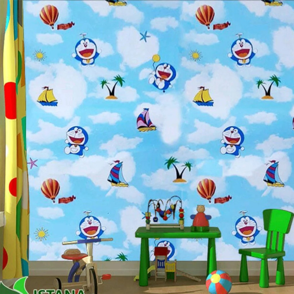 (COD) Gudang Wallpaper Dinding Kamar Tidur Motif Doraemon Awan / Anti Air Bahan PVC Premium Anti Air 10 Meter