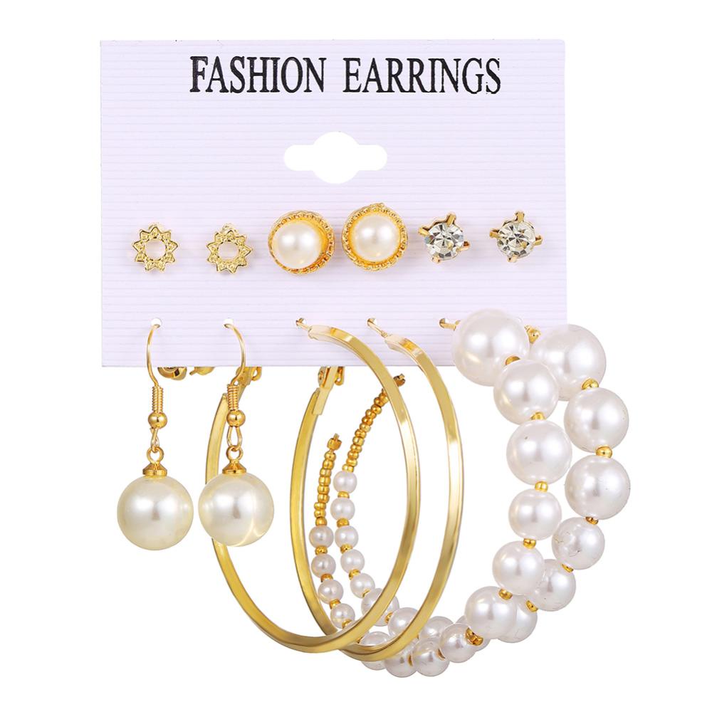 Timekey 6pcs / Set Anting Bulat Emas Wanita Hias Mutiara Gaya Vintage A2K5