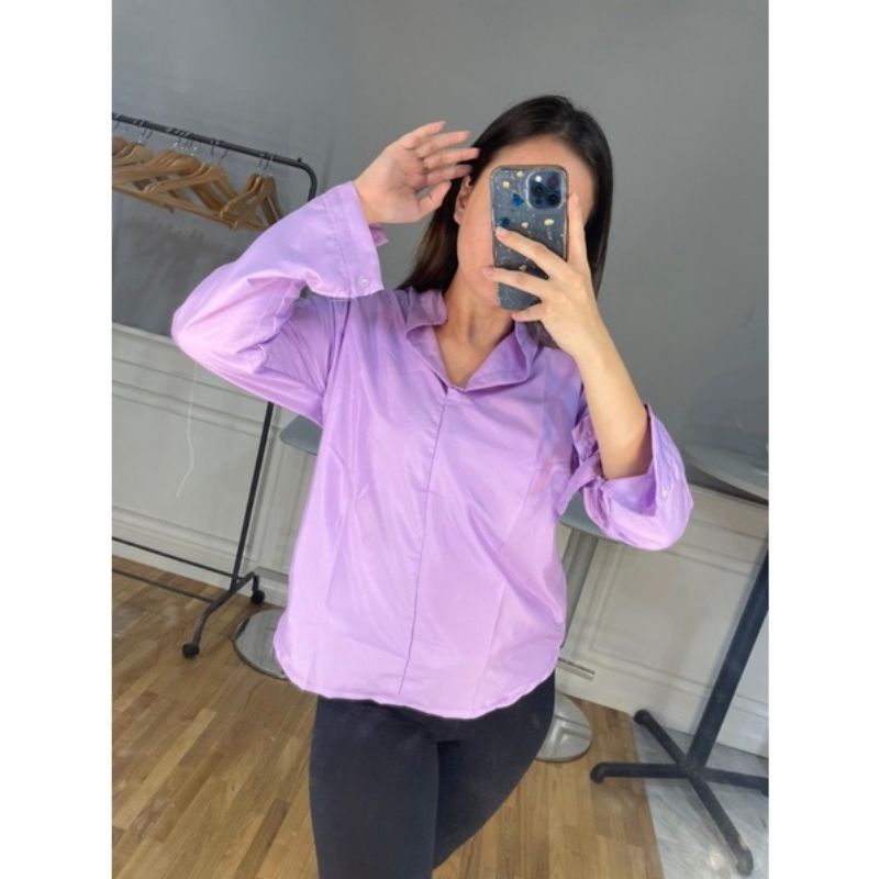 Kemeja Handa Puffy Shirt kemeja wanita oversize Lilac lengan balon blouse polos ungu