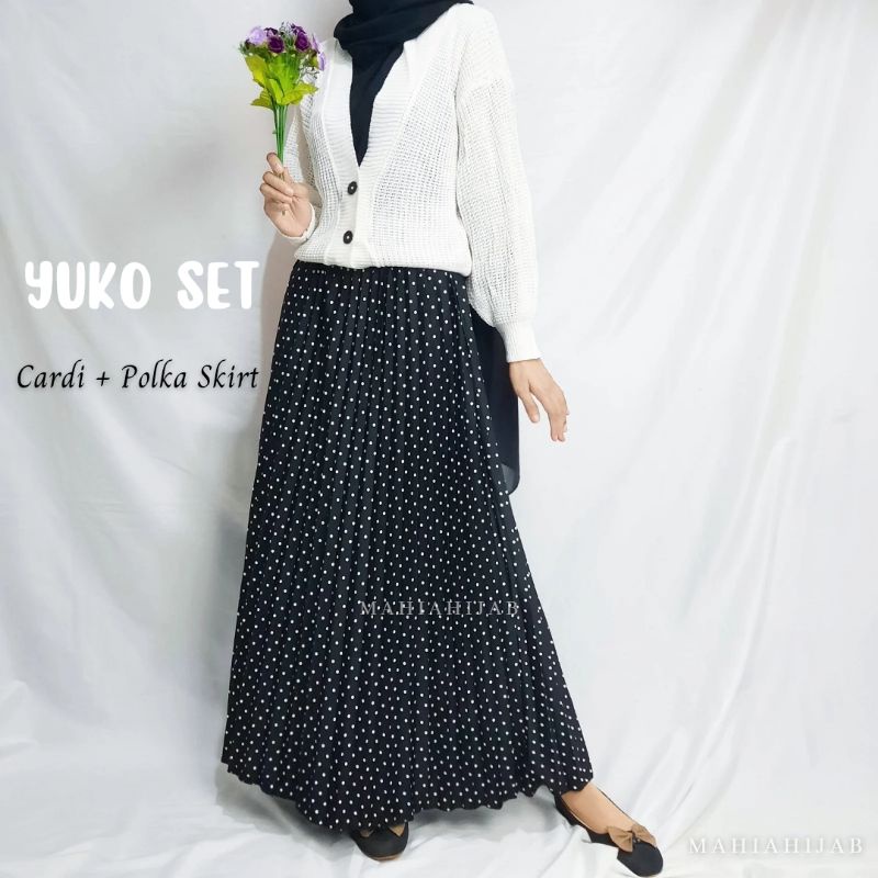 1 Set Yuko Cardigan + Rok Polka / setelan lengkap / outfit rajut / by Mahiahijab cardigan rajut korean style