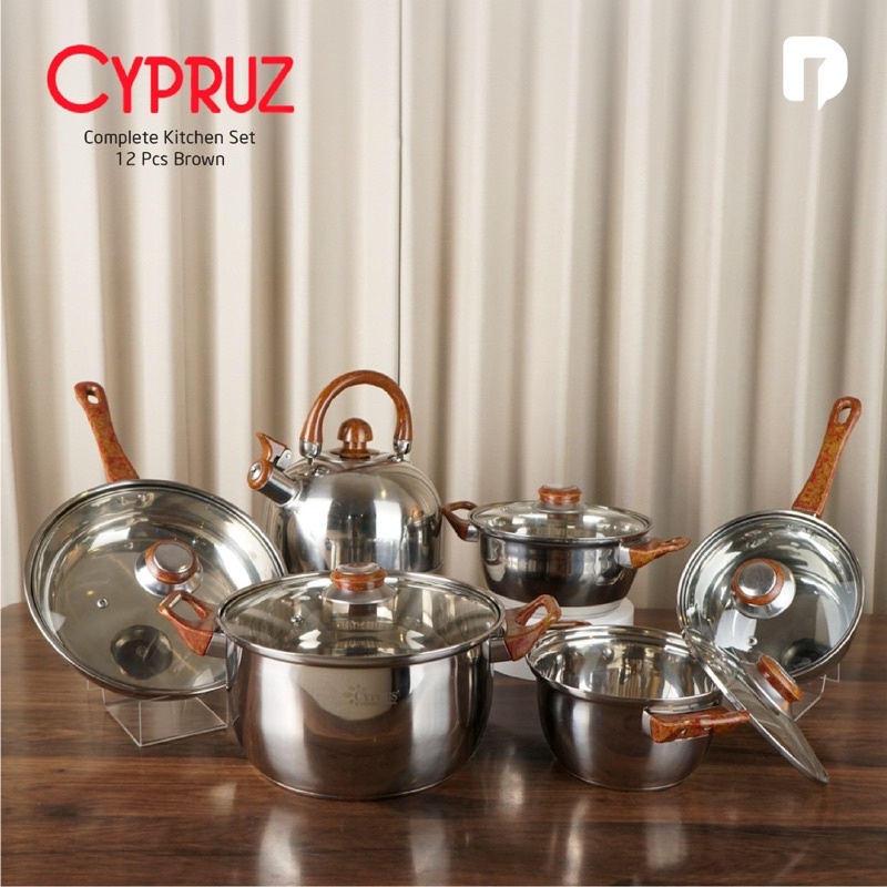 cypruz komplit kicthen set 12pcs brown stainless steel panci set