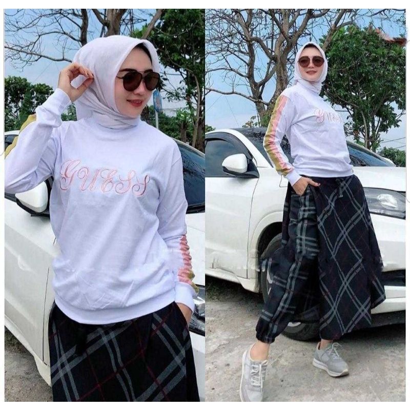 AZ NEW SET ROK BLOUSE BAHAN BABYTERY PINGGANG KARET KANTONG KANAN KIRI / SET ROK FASHION / SETELAN ROK WANITA-Gues white