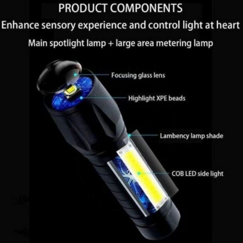 Senter Swat mini yang super terang dengan 3 Mode : senter biasa, kelap kelip dan lampu cob