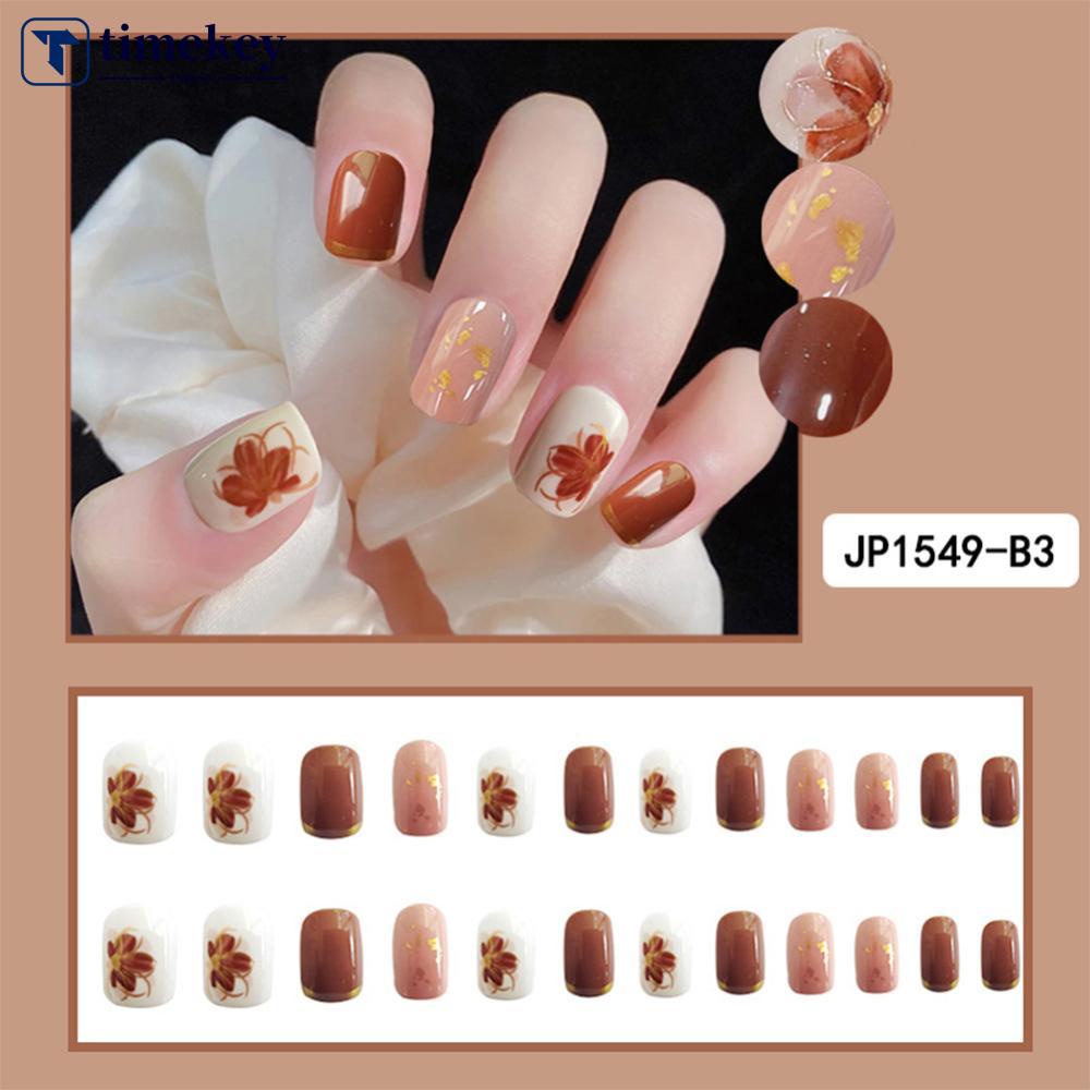 Timekey 24pcs / set Kuku Palsu Pendek Desain Bunga Phnom Penh Gaya Vintage Untuk Manicure A7K7