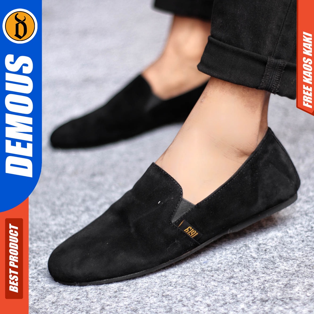 Demous Cord Sepatu Slip On Pria Casual Formal Kulit Suede Kerja Santai Hitam Polos