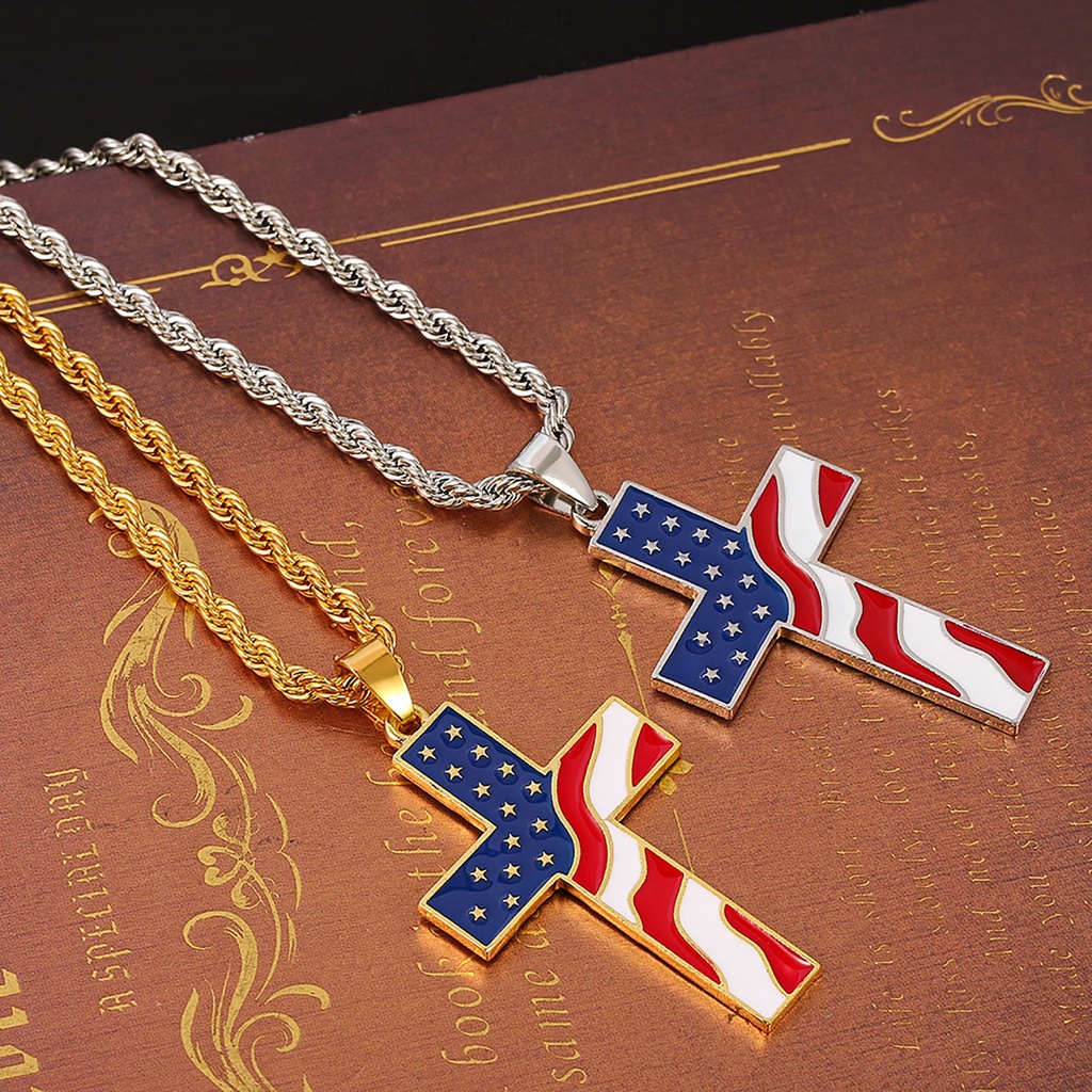 Hu Hu Hu Hu Hu Alat Bantu Pasang Kacamata♡ Kalung Liontin Salib Motif Print Bendera Amerika National Warna-Warni Untuk Pria