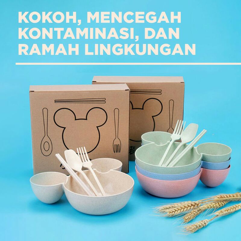 MANGKUK WHEAT STRAW MICKEY 1 SET / MANGKOK BAYI BPA FREE / MANGKOK MAKAN ANAK BENTUK KARAKTER / PIRI