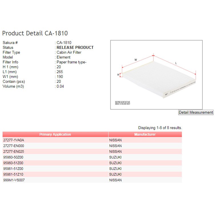 Cabin Filter AC Xtrail Serena C26 Sentra Filter kabin SAKURA CA-1810