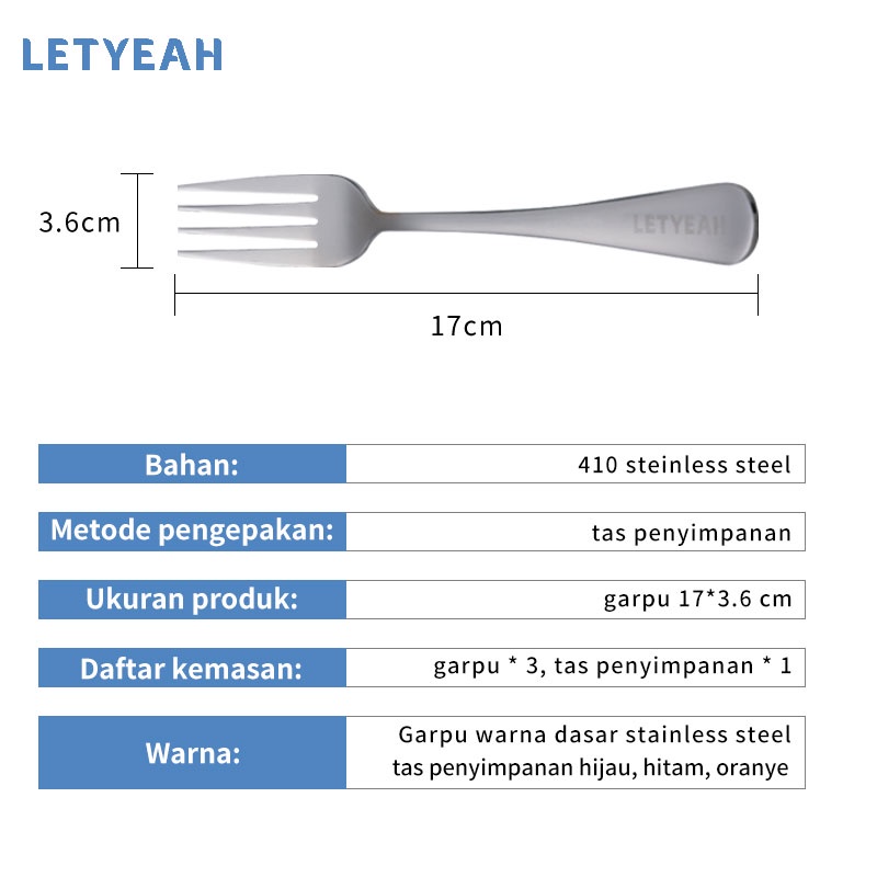 letyeah garpu makan stainless 1 set isi 3pcs / tas penyimpanan free