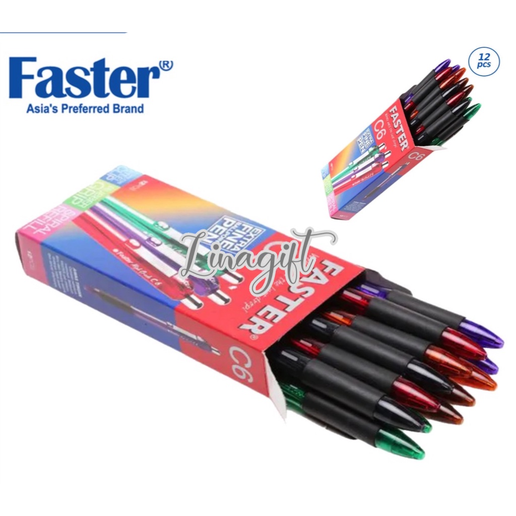 ( Lsn 12 Pc ) FASTER - PULPEN C6 / PEN / PENA [MERAH, BIRU, HITAM] - BALLPOINT SEMI GEL