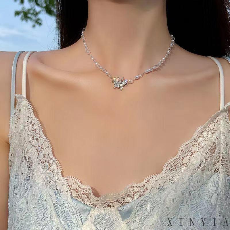 【COD】Kalung Diamond Flash Butterfly Pearl Kupu-kupu Mutiara Fashion Korea Wanita Womens Trendy Niche Collarbone Chain Necklace