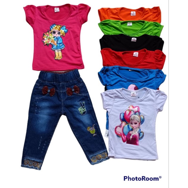 stelan anak perempuan motif kartun lucu lucu Random stelan kaos &amp; jeans anak atasan bawahan anak anak mutah