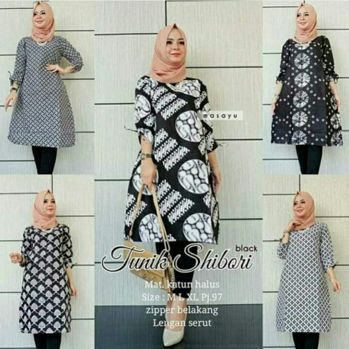 Dress Tunic Shibori Motif Wanita Warna Hitam Exclusive Batik Formal