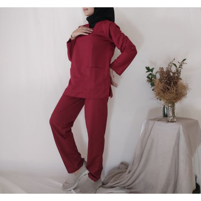 Baju Scrub / Baju Dokter / OK / Baju Jaga Medis / LenganPanjang / MAROON