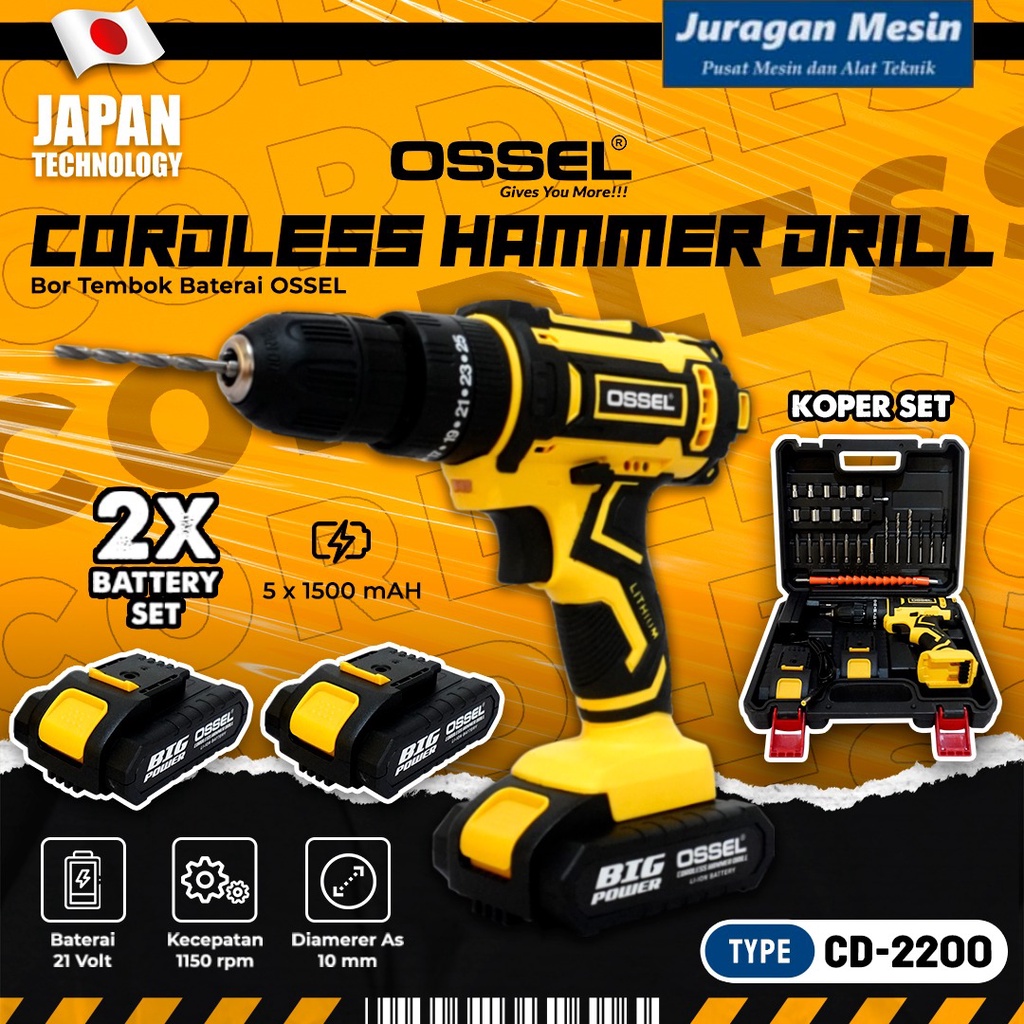 BERGARANSI  OSSEL Cordless Hammer Drill Bor Tembok Baterai Charger Double Baterai CD2200
