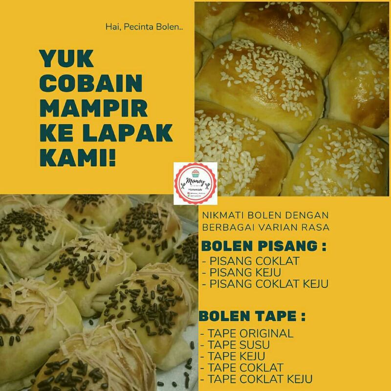 

BOLEN PISANG/ BOLEN TAPE/ BOLEN PISANG COKLAT/ BOLEN COKLAT/ BOLEN KEJU/ Rp. 15.000/ 4 Pcs Homemade