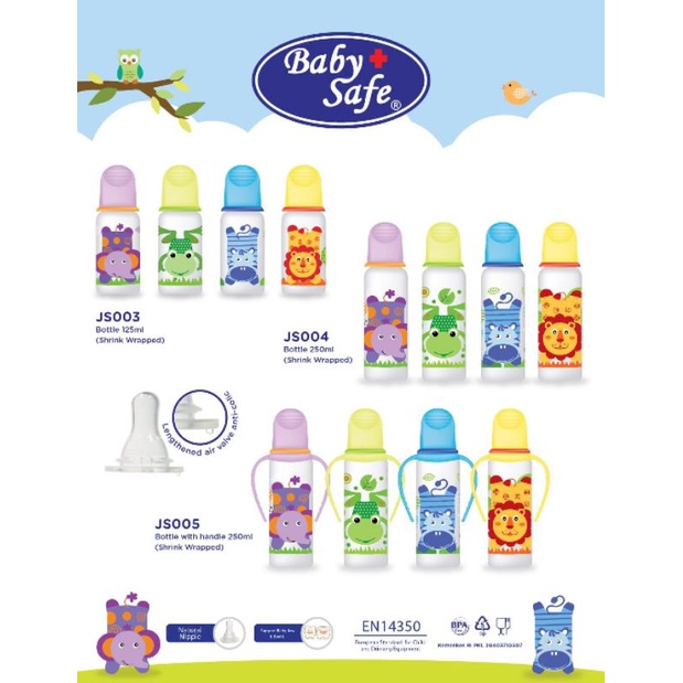 Baby Safe Botol Susu Bayi JS003 (125 ml), JS004 (250 ml), dan JS005 (250 ml + pegangan)