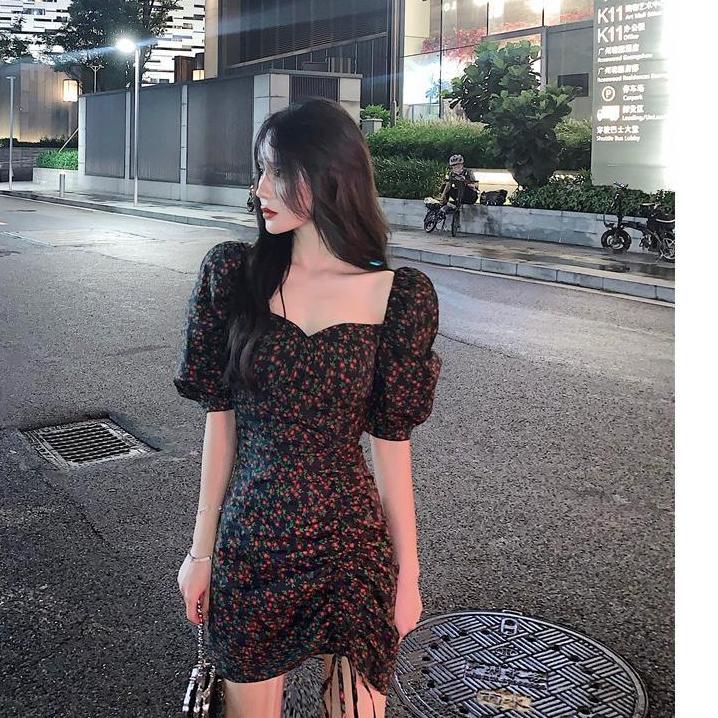 Dress Mini Wanita Square Neck Lengan Puff Motif Bunga Gaya Retro Untuk Musim Panas