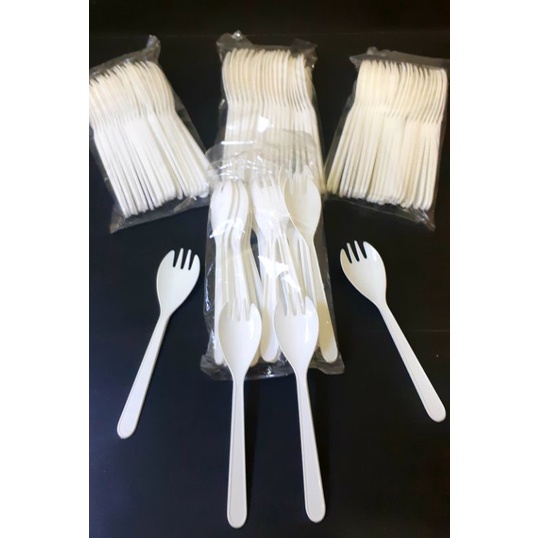 Sendok Garpu Half Fork Putih / Spork Plastik Isi 25pcs