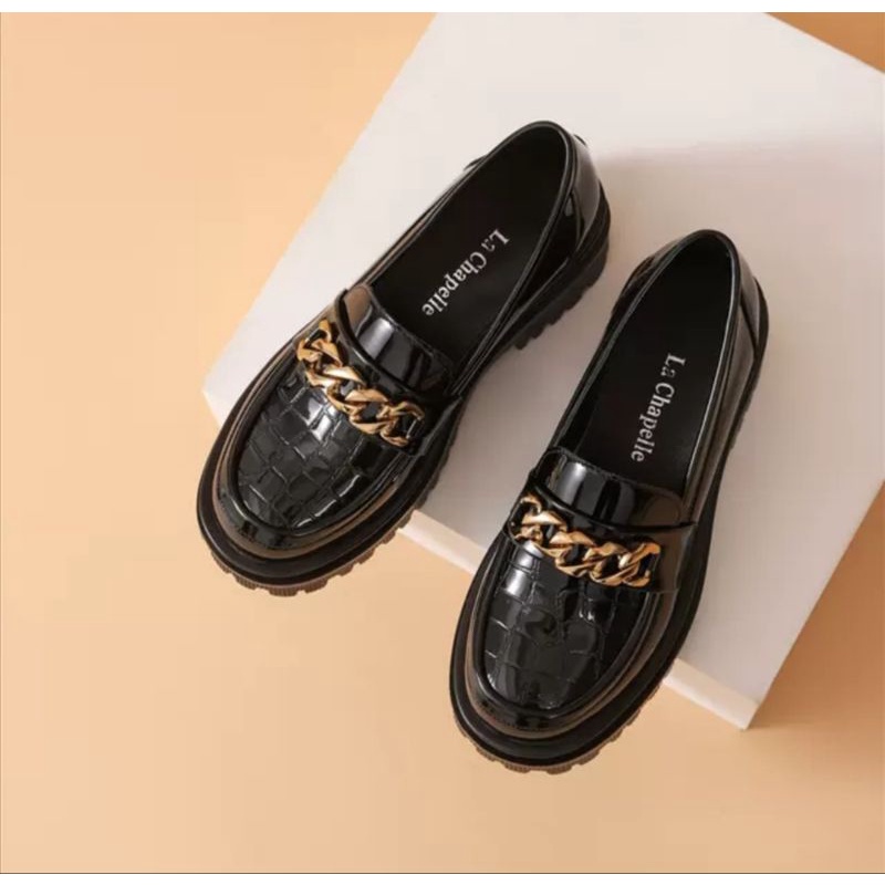 Sepatu Docmart Wanita Loafers Hitam Rantai Emas Motif Croco Terbaru Import Premium Quality 530 Bisa Cod