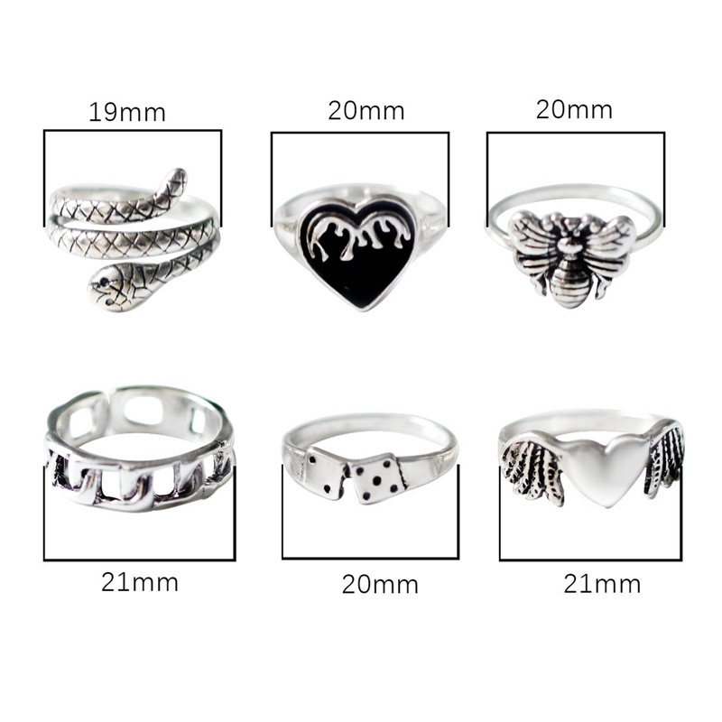 Fancyqube 6pcs Cincin Desain Hati Api Ular Lebah Warna Silver Gaya Punk Untuk Wanita