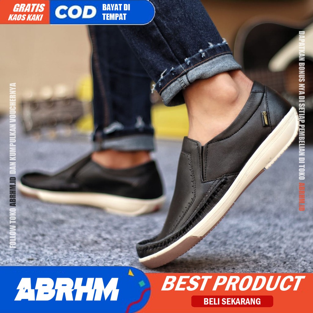 ABRHM X SANDRO Sepatu Casual Slip on Pria Sepatu Slip On Pria Sepatu Pria Casual Kulit Asli Cowok Sepatu Kasual Semi Formal Kerja Kantor Kuliah Anti Slip Gaya Santai Keren Kekinian Original