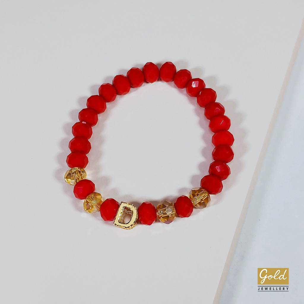 Gelang tali emas kuning kadar 700 70% charm inisial D bsr batu merah