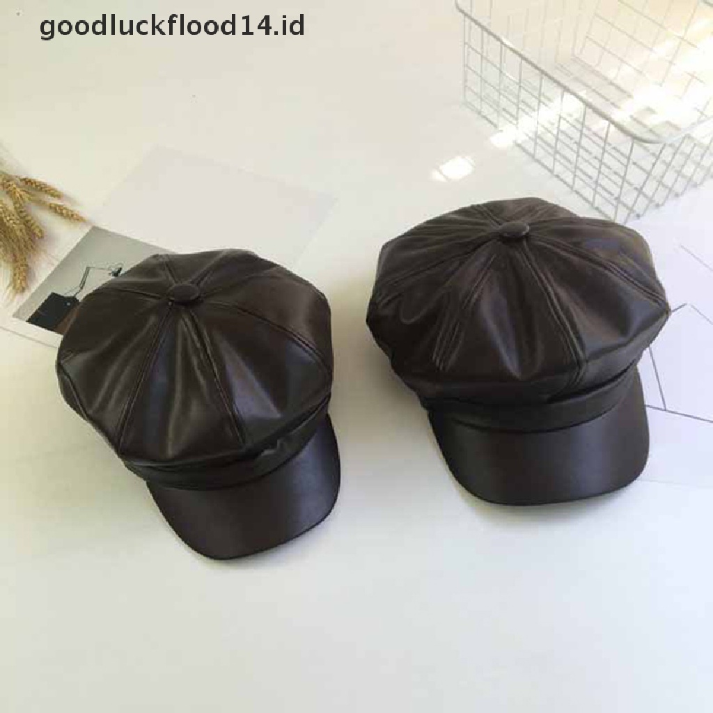 Topi Kasual Bentuk Octagonal Bahan Kulit PU Warna Solid Gaya Vintage Untuk Wanita