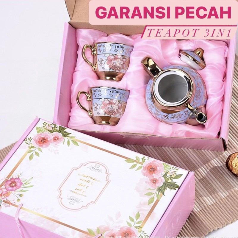 [lulu] Set Cangkir Teh 3in1 Keramik / Motif Bunga Rose Teapot Cup Porcelain / Teko Teh Hadiah Kado