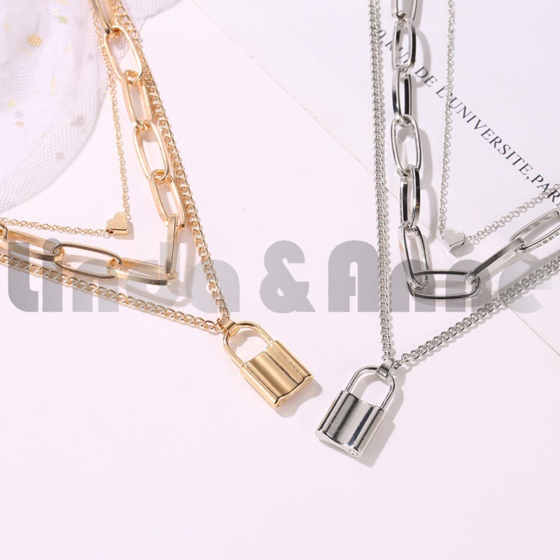 Kalung Multilayer Retro Heart Lock Liontin Kalung Emas Rantai Sweater Necklace Aksesoris