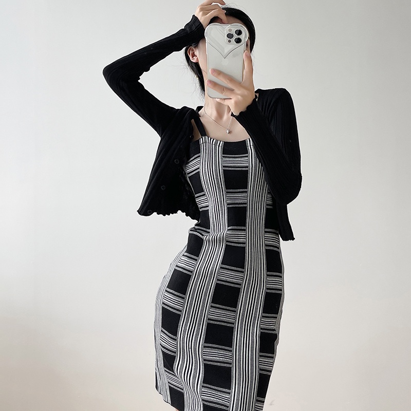 【Elegant】Korean  Checkerboard Plaid Knit Sleeveless Mini Dress 7488