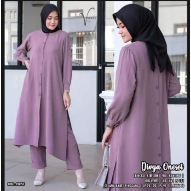 Stelan Long Tunik Divya Cringkle Kemeja Kancing Depan Belakang/One Set Divya Cringkle Airflow Kombin