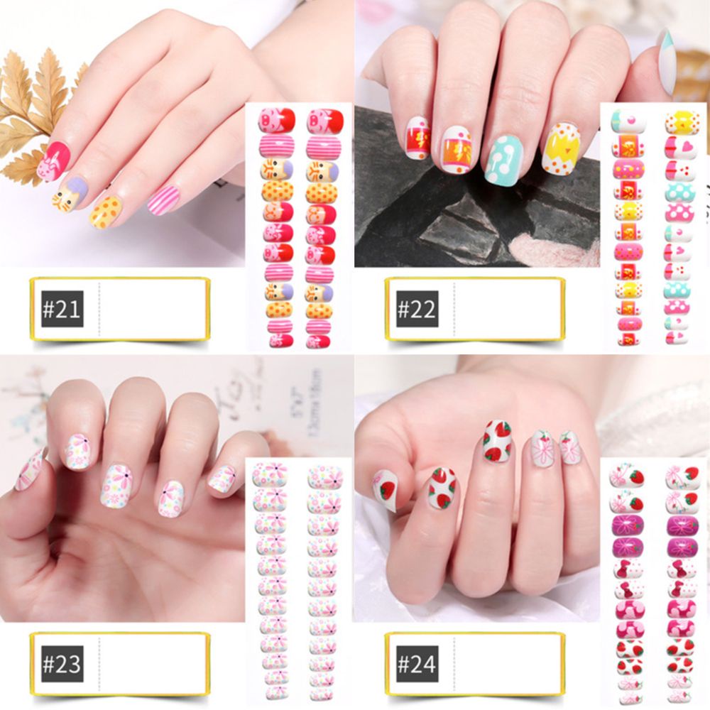 Mxbeauty 24pcs / Set Kuku Palsu Anak Perempuan Motif Kartun Bunga Warna-Warni Untuk Dekorasi Manicure Diy