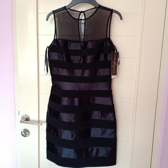 promo!! dress cantik hitam mewah elegant tille garis2 js collections terbaru