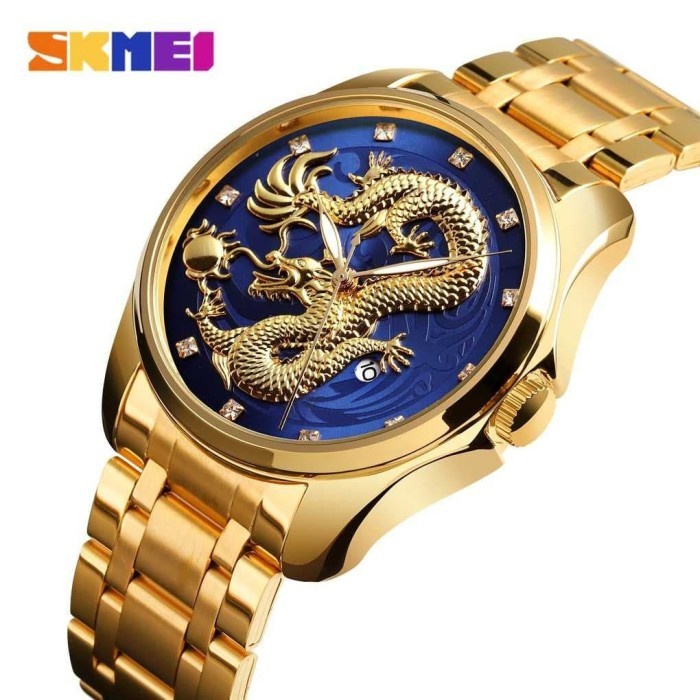 Jam Tangan Pria Analog Original SKMEI 9193 Naga Anti Air Gold Biru