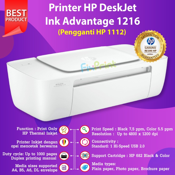 Printer HP Deskjet 1216 Print Only Cartridge Tinta HP 682 Black Color