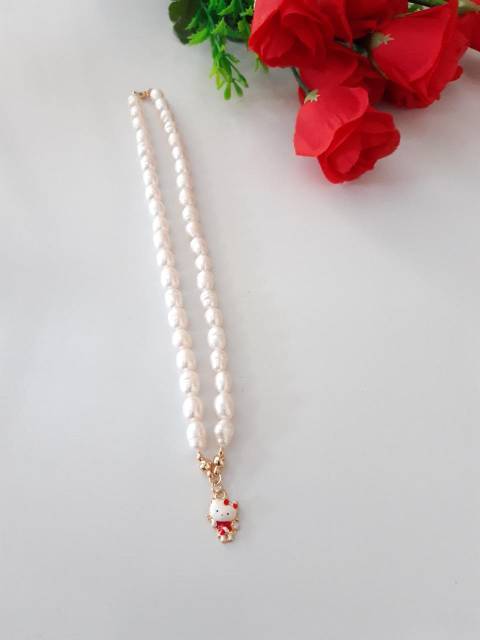 KALUNG ANAK ASLI RENTENGAN MUTIARA AIR TAWAR LOMBOK PERHIASAN ANAK HELLO KITTY FULL MUTIARA LOMBOK