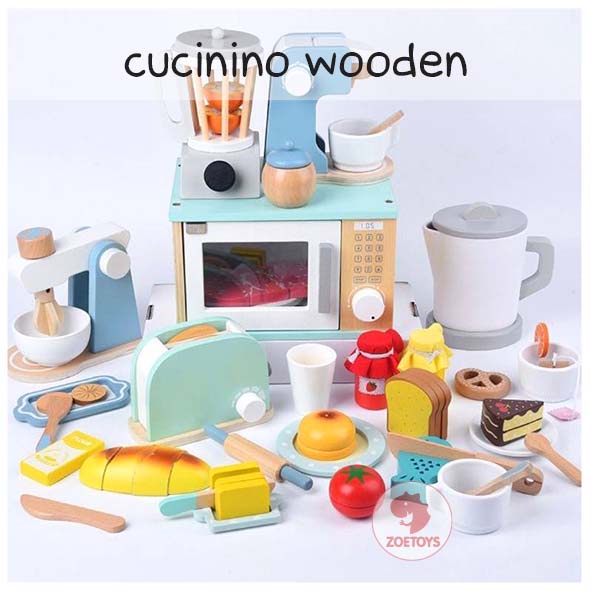 Zoetoys Cucinino Wooden | Bread Toaster Blender Microwave Coffee Machine |  Masak masakan Little Bakery Kitchen Set Pretend Play | Mainan Edukasi Anak Cari Kado Natal