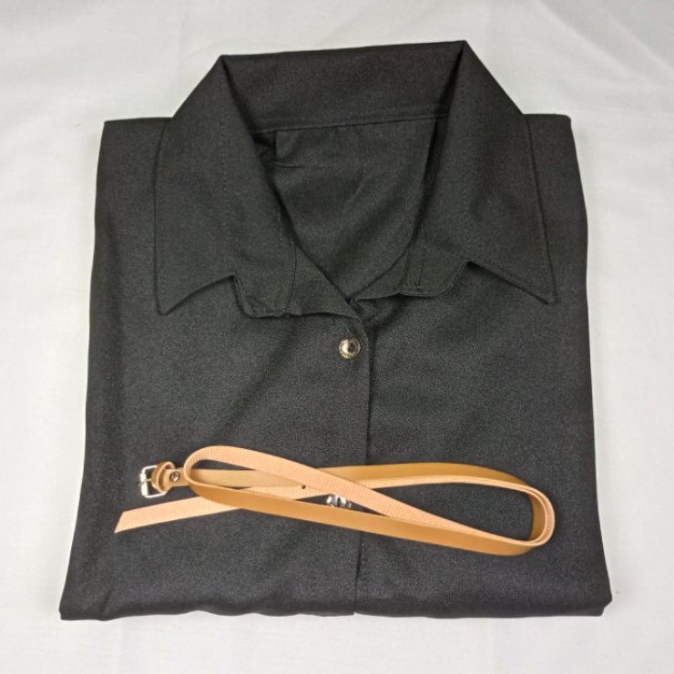 Kemeja Wanita Atasan Blouse Casual Polos Lengan Panjang Kekinian Bahan Moscrep Free belt model Korea-Hitam-015