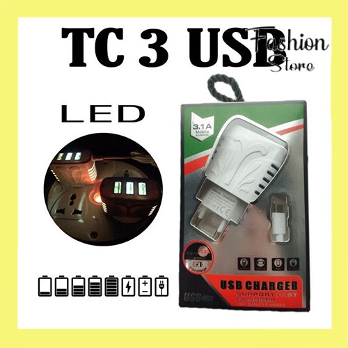 FS TC TRAVEL CHARGER LED SUPER Y CHARGING 3.1A 3 USB +1 KABEL